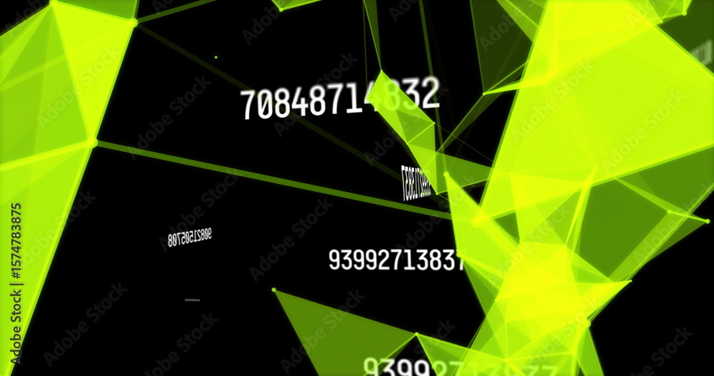 Aufkleber rotating neon green wireframe cluster in digital data space, with floating white numeric strings