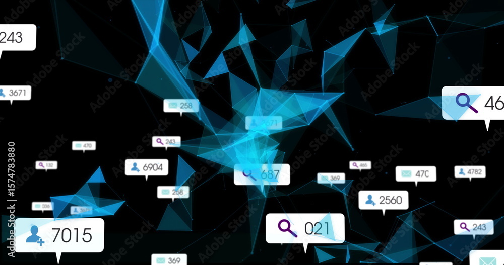 Poster displaying polygonal network on black backdrop, with icon bubbles showing user search email counts