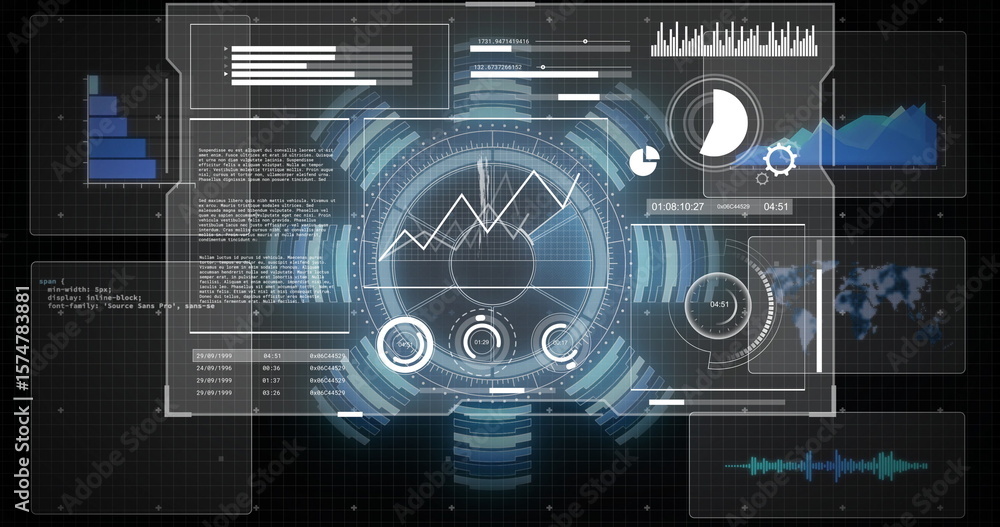 Poster central hud display on dark grid backdrop displaying panels, charts, code, map, timecode, waveform