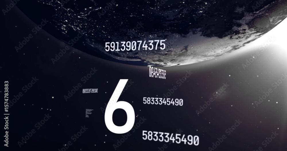Aufkleber floating large white digit 6 among numeric strings in outer space near planet curved surface