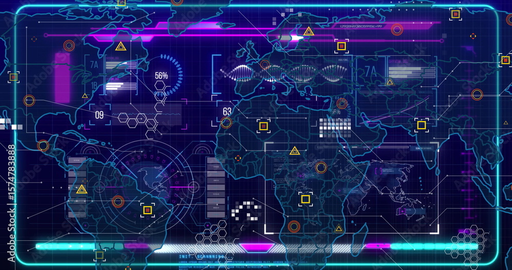 Poster stylized holographic world map display pulsing on digital hud, with hexagonal grid and dna waveform