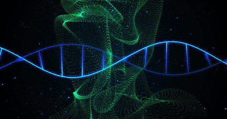 Displaying glowing blue DNA double helix stretching across dark space, with green particle waves