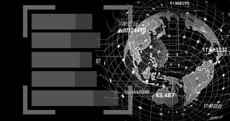 Displaying digital globe showing Eastern hemisphere on tech display, with floating numeric codes