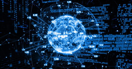 Floating digital sphere emitting light beams in virtual network space, with floating code and data