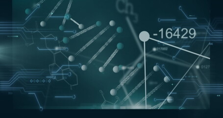 Floating molecular graphic on biotech data dashboard, with 3D spheres, binary code and rods
