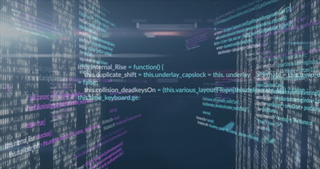 Floating central code panel displaying JavaScript functions forming data tunnel, with light flares