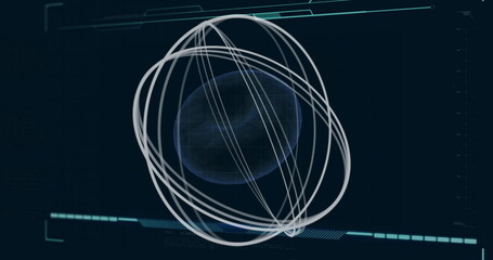 Translucent 3D mesh rotating on control panel, with white rings, grid lines, teal bars, readouts