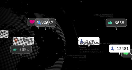 Naklejka premium Hovering reaction icons across world map screen, featuring heart, like, map pin and user counters