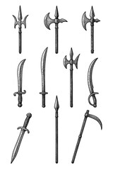 Ancient Bladed Weapons from Global Cultures in Vintage Etching Style – Historical Swords, Spears, Knives, and Tribal Blades – Transparent Background