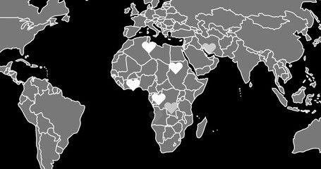 Obraz premium Showing outline world map with heart icons marking Italy Tunisia Ghana Congo Iran on black backdrop