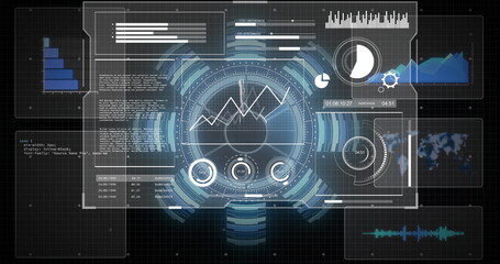 Central HUD display on dark grid backdrop displaying panels, charts, code, map, timecode, waveform