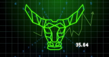 Neon green wireframe bull head floating over grid, with green line chart and white 35