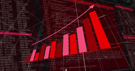 Displaying three-dimensional red and pink bars rising on wireframe grid in data space, code overlay