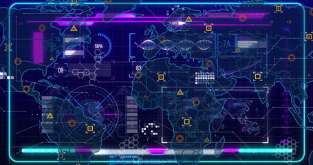 Stylized holographic world map display pulsing on digital HUD, with hexagonal grid and DNA waveform