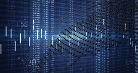 Displaying dotted world map overlaying candlestick bars on finance dashboard, with stock figures