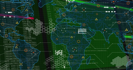 Green tech screen displaying world map on control panel, showing hex clusters and warning triangles