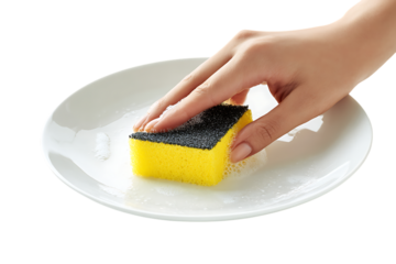 Hand washing a plate with a cleaning sponge.