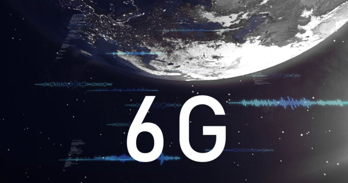 Naklejki Displaying 6G text floating above Earth in outer space, with glowing code and waveform streams