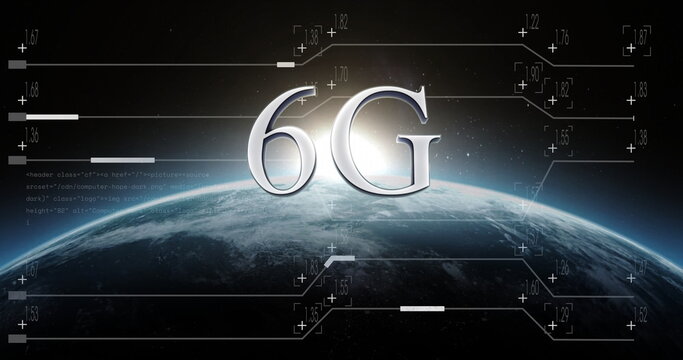 Naklejki Floating metallic 6G text hovering above Earth horizon at dawn, with digital HUD overlays