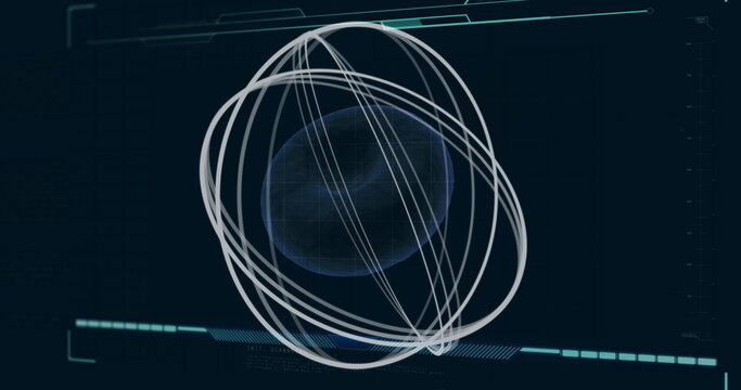 Translucent 3D mesh rotating on control panel, with white rings, grid lines, teal bars, readouts