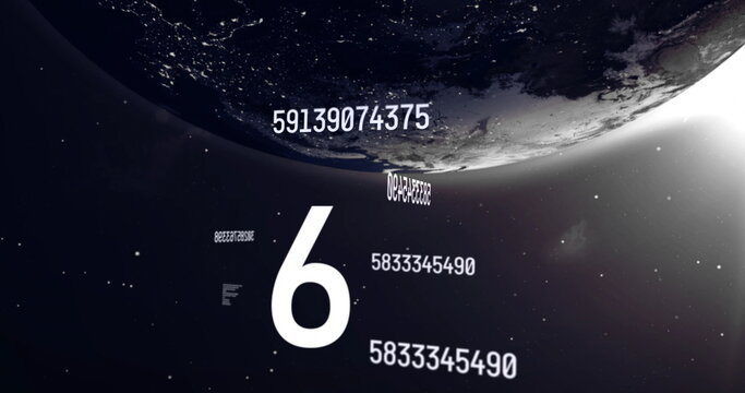 Naklejki Floating large white digit 6 among numeric strings in outer space near planet curved surface