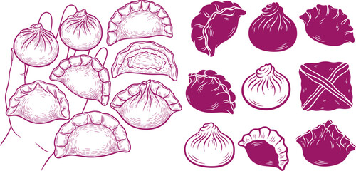 Collection of hand drawn dumplings and dim sum in various styles held in a hand against a white background