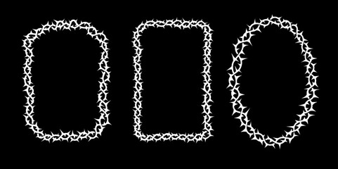 Thorn frame border set white. Curved, oval and square spiky vector elements.