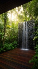 Outdoor shower jungle waterfall tropical garden design stone wall wood deck nature retreat paradise spa escape