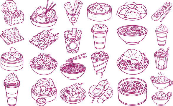 A delightful collection of hand drawn asian street food and desserts in a vibrant purple outline style