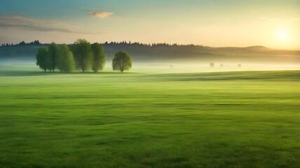 Misty Sunrise Over Green Field with Trees and Distant Forest Silhouette