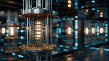 Quantum computing lab environment quantum processors cooling chambers and photonic circuits in high detail advanced physics meets supercomputing visual style glowing dark science themed background