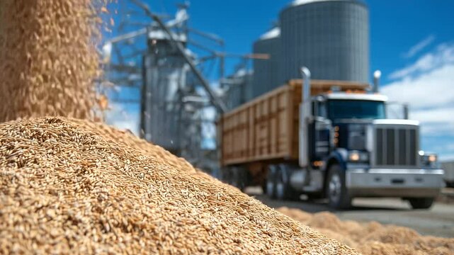 Golden wheat grains pouring from a giant silo into a waiting bulk transport truck under a bright blue sky