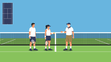 flat vector of tennis player with racket practice training and coach at tennis court