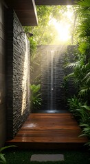 Outdoor shower design ideas stone wall shower tropical bathroom design lush greenery shower paradise retreat
