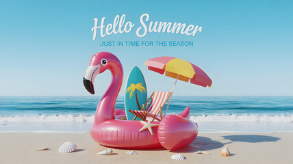 Hello Summer scene presents flamingo float, beach chair, umbrella, and surfboard against a bright blue ocean horizon