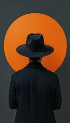 Mysterious Figure in a Hat Facing an Orange Circle on a Gray Background