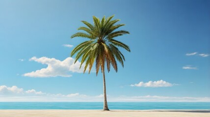 Serene Palm Tree on Sandy Beach Under Blue Sky with Clouds