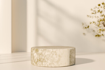 Minimalist beige textured podium in soft natural light with subtle shadows and plant decor. 3d rendering