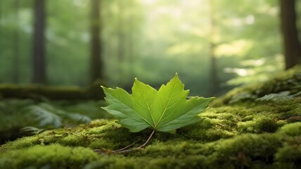 Single Maple Leaf on Lush Forest Moss in Soft Light
