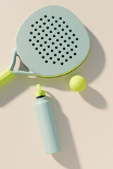 Paddle tennis racket and ball with water bottle on a light background. 3d rendering