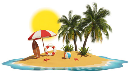 Idyllic beach scene showcases a tropical island with palm trees, umbrella, surfboard, lifesaver, starfish and beach ball.