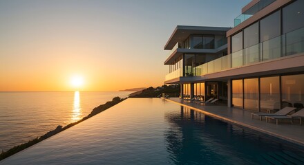 Luxury villa infinity pool ocean view sunset modern architecture real estate travel destination dream home