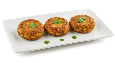 Delicious corn cutlets recipe served on plate with green chutney healthy snack food vegetarian dish tasty meal