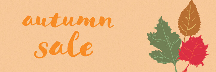 Retro Autumn Sale Banner with Textured, Handdrawn, Vintage, and Organic style, featuring maple, oak, and beech leaves. vector