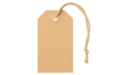 Beige cardboard price tag dangling from knotted string, suspended against transparent backdrop