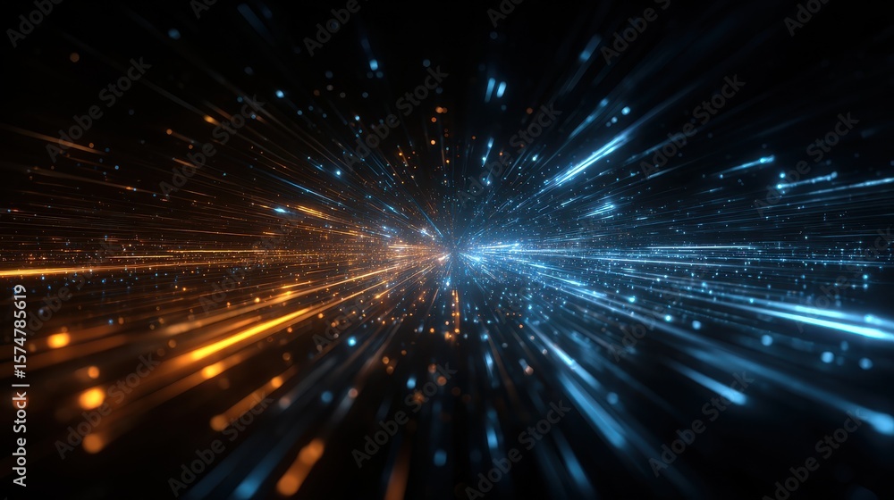 Poster digital technology background with blue and orange lights, glowing digital data streams in the cente