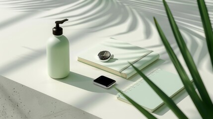 Serene Workspace Still Life: Pastel Green Bottles, Smartwatches, and Notebooks Bathed in Palm Leaf Shadows, Creating a Calm and Modern Aesthetic