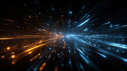 Fototapeta premium Digital technology background with blue and orange lights, glowing digital data streams in the center of abstract futuristic space tunnel or dark corridor with light particles and