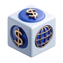 3d rendered cube with gold dollar sign and globe symbols isolated on white background