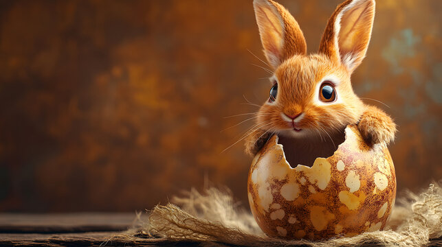 Adorable baby bunny emerging from spotted Easter egg on rustic straw and wooden surface with warm lighting